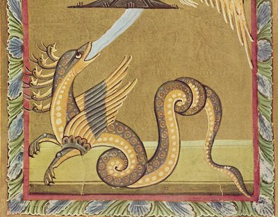 The seven headed dragon attempts to harm the woman by spewing out a torrent of water, facsimile of the Bamberg Apocalypse by German School