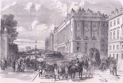 Throwing up street barricades in Paris, Cassells History of the War between France and Germany published by Cassell and Company Limited, c.1890 by German School