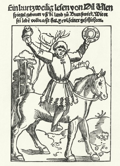 Till Eulenspiegel depicted with owl and mirror by German School