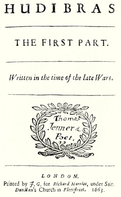 Title page from the satirical poem Hudibras by Samuel Butler, published in 1663 by German School