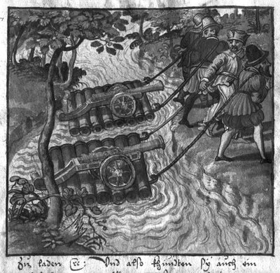 Transport of Guns and Cannons Crossing the River on Rafts, illustration from LArt de lArtillerie by Wolff de Senftenberg, late 16th century by German School
