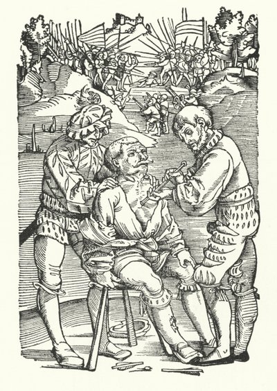 Treating a wounded soldier on the battlefield (engraving) by German School
