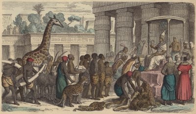 Tribute Offerings from Ethiopia Being Presented to the Pharaoh of Egypt (Coloured Engraving) by German School