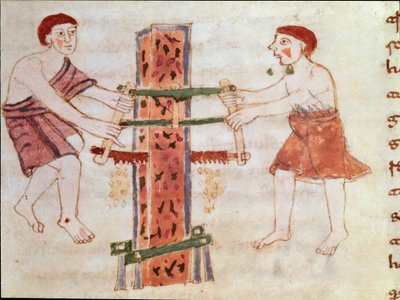 Two men saw a marble trunk (miniature, 9th century) by German School