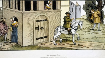 Unfaithful wife receiving her lover through a backdoor after her husband