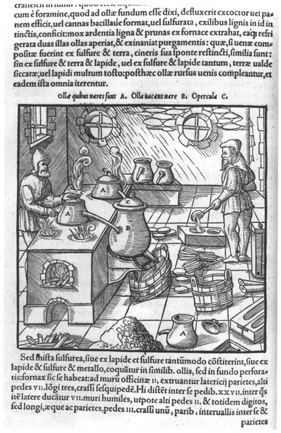 Using Sulphur, from De Re Metallica by Georg Bauer, known as Agricola by German School