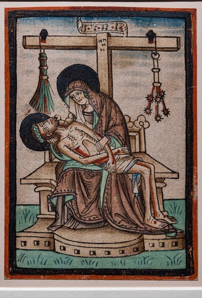 Vesperbild (Lamentation), Watercolor Woodcut by German Engraver, c.1450. The Symbols of Christ’s Passion Hang from the Cross. by German School