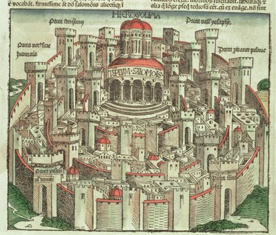 View of the walled city of Jerusalem showing the Temple of Solomon and the city gates by German School