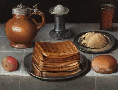 Waffles and Butter on Pewter Plates with an Apple, Roll, Jug, Standing Salt, and a Beer Glass with Prunts on a Cloth-Covered Table by German School