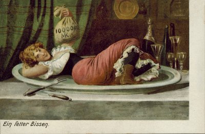 Woman Lying on a Platter with a Money Bag by German School
