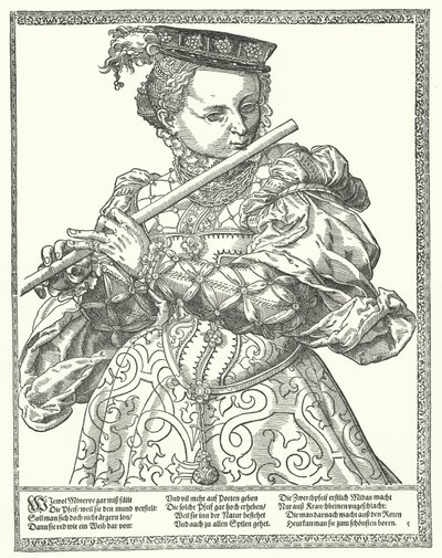 Woman playing a flute by German School