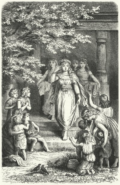 Young German women wearing wreaths to celebrate the festival of Eostre (Ostara) by German School