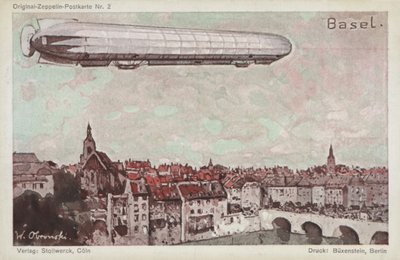 Zeppelin Flying Over Basel by German School