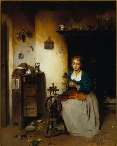 Young woman spinning wool, her expression is sad and her interior miserable by Gerolamo Induno