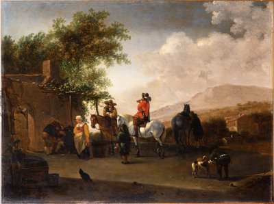 Travellers on horseback taking refreshment on a mountain pass, in an Italianate landscape by Gerrit Adriaensz Berckheyde