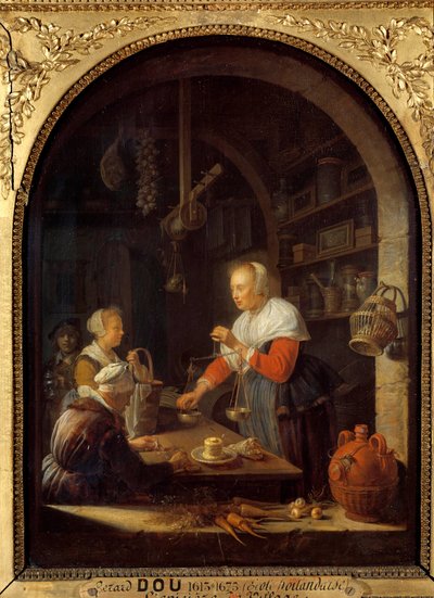 The grocer of the village (with the portrait of the painter in the background). Painting by Gerard Dou. 1647 by Gerrit Dou