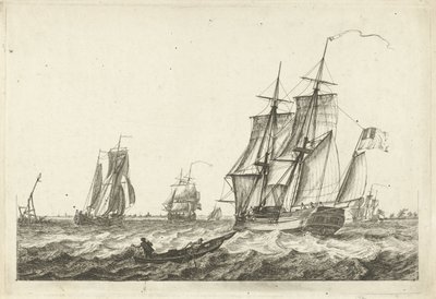 Brig and Other Ships on a Broad Waterway from Various Boats on the Waves by Gerrit Groenewegen