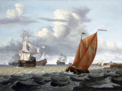 Navigation off a Dutch Port, with the Tower of a Church and a Few Buildings, Probably Enkhuizen on the Zuiderzee by Gerrit Pompe