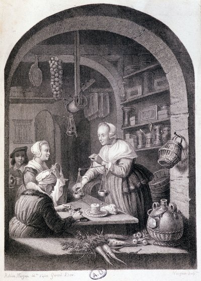 Village grocer weighing with a balance. 18th century by Gerrit or Gerard (after) Dou
