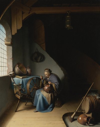 An Elderly Woman at Her Spinning Wheel, Eating Porridge by Gerrit Dou