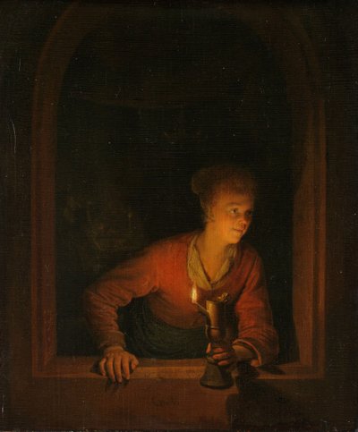 Girl with an Oil Lamp at a Window by Gerrit Dou