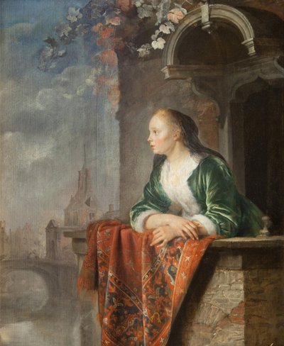 Young woman on a balcony by Gerrit Dou