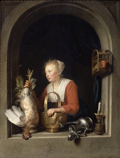 The Dutch Housewife or, The Woman Hanging a Cockerel in the Window by Gerrit Dou