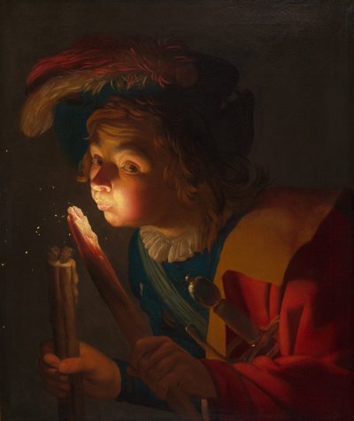 A Boy Blowing on a Firebrand by Gerrit van Honthorst
