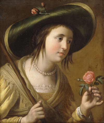 Portrait of Princess Elizabeth II van de Palts as a Shepherdess, Bust Length, Holding a Rose by Gerrit van Honthorst