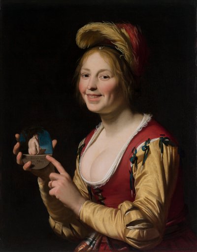 Smiling Girl, a Courtesan, Holding an Obscene Image by Gerrit van Honthorst