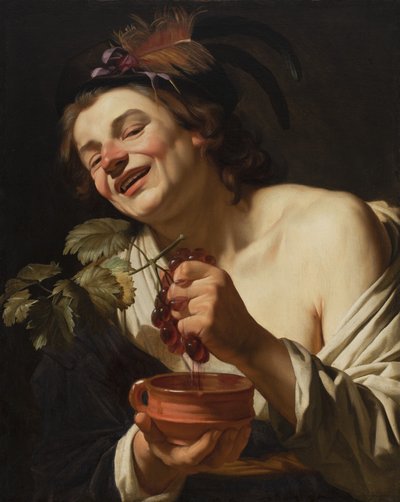 Smiling Young Man Squeezing Grapes by Gerrit van Honthorst