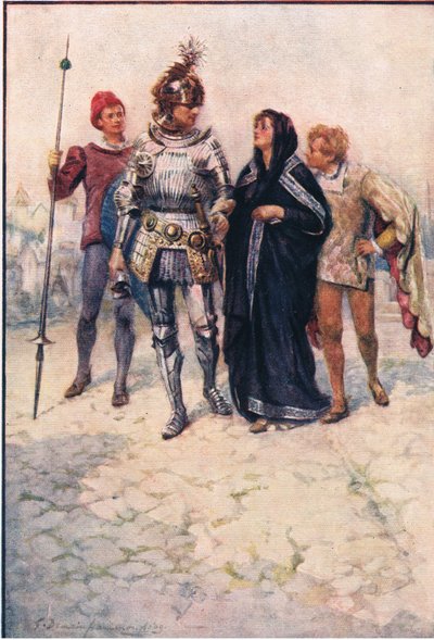 Prince Arthur leads Belge and her sons into the castle, Stories from the Faerie Queen published by George Harrap and Company by Gertrude E. Demain (after) Hammond