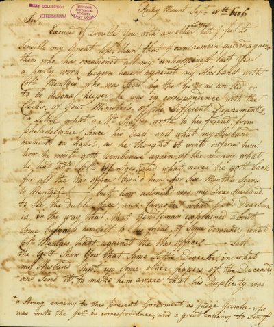 Letter signed Gertrude Joan Senf, Rocky Mount, to Thomas Jefferson, September 11, 1806 by Gertrude Joan Senf