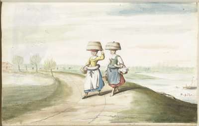 Two Peasant Women Walking in a Landscape by Gesina ter Borch (signed by artist)