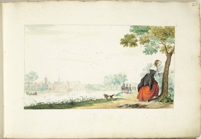 Woman Carving Names into a Tree by Gesina ter Borch (signed by artist)