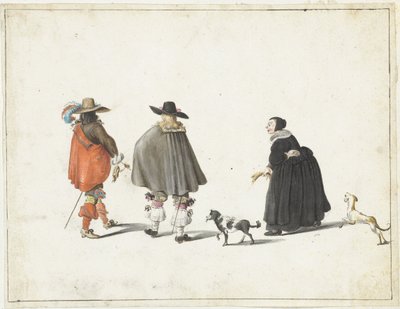 Woman in Black, Accompanied by Two Dogs, Talking to Two Gentlemen by Gesina ter Borch