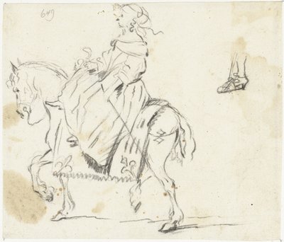 Woman on Horseback, Seen from the Side, with Sketch of a Lower Leg and Foot by Gesina ter Borch