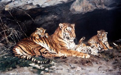 A Tigress and her Young by Geza Vastagh