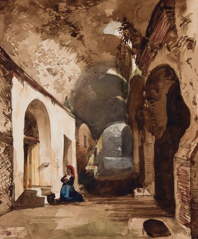 Woman praying at vaulted shrine in the amphitheatre of Pozzuoli, with additions by Princess Maria Annunziata di Borbone by Giacinto Gigante
