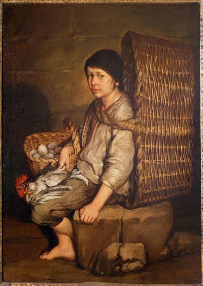 Errand boy seated with a basket on his back, eggs and poultry, c.1735 by Giacomo Ceruti