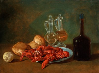 Still life with pewter plate, shrimps, a lemon, glass cruets, bread and a bottle of wine by Giacomo Ceruti