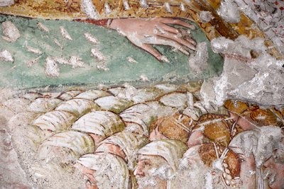 Arms of Madonna della Misericordia Covering Group of Veiled Women, Fragment of Fresco by Giacomo de Buschis Called il Borlone, Church of Santa Maria Nascente, Gromo San Marino, Lombardy, Italy by Giacomo Borlone de Buschis