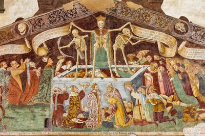 Death standing on a sarcophagus where the dead Pope and the Emperor lie (detail) by Giacomo Borlone de Buschis