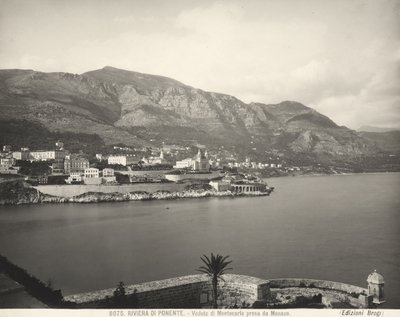 View of Montecarlo, resort overlooking the Ligurian Sea. The Maritime Alps rise in the background. The photograph was taken from Monaco by Giacomo Brogi