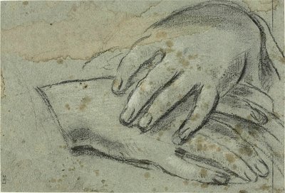 Crossed Hands; Right Foot, Partially Covered by Drapery by Giacomo Cavedone