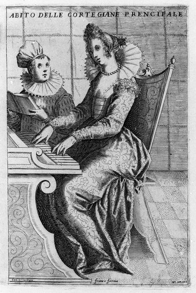 A courtesan in elegant dress playing the piano. Engraving by Giacomo Franco from 