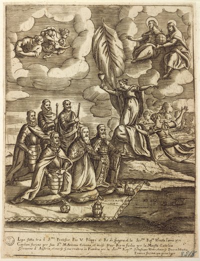 Allegory of Saint League of 1571 stipulated by Pope Pius V, Philip of Spain and Doge of Venice Alvise Mocenigo, engraving by Giacomo Franco by Giacomo Franco