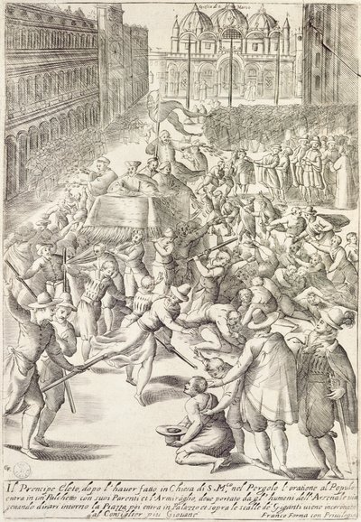 The prince elect on a small stage of the Arsenal in Venice throwing money at the public by Giacomo Franco