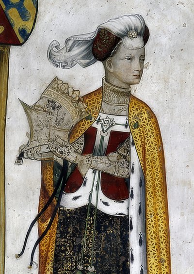 Depiction of the Marquises of Saluzzo and Their Wives as Historical and Mythological Heroes and Heroines. (detail): Riccarda di Sicilia, Wife of Tommaso II, as Amazon Queen Lampeto. 1418-30 by Giacomo Jaquerio