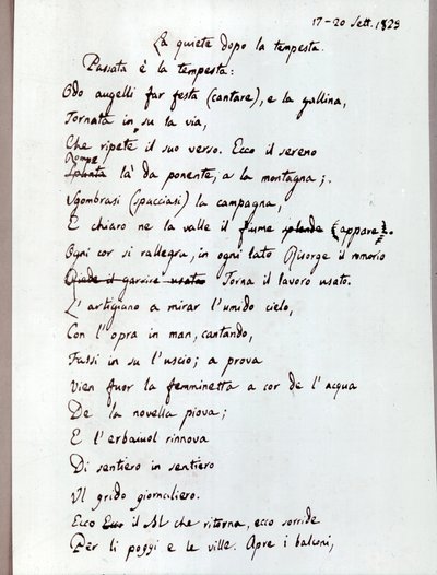 Manuscript of His Poem "The Calm After the Storm" by Leopardi by Giacomo Leopardi